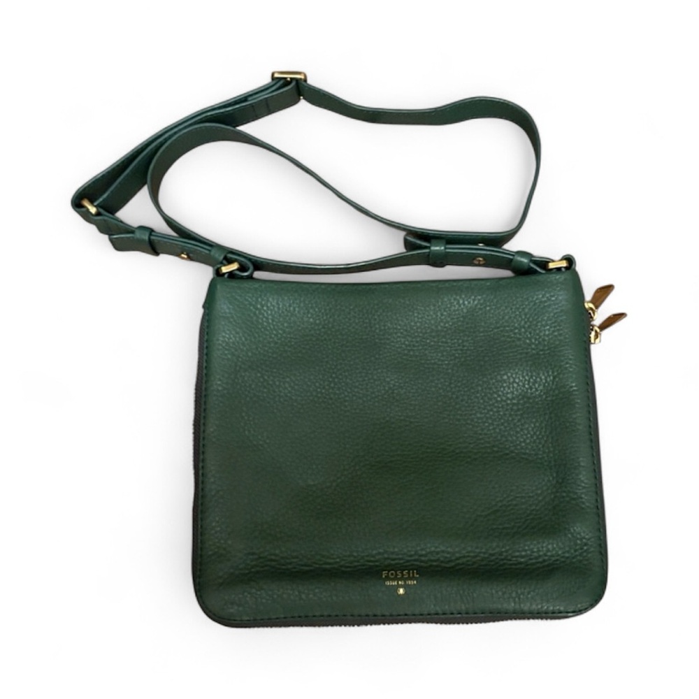 Fossil Dark Green Leather Crossbody Shoulder Bag zippered bottom w/cardholder